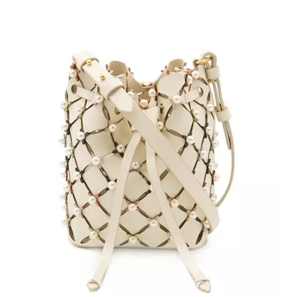 Zac Posen Leather Lacey Drawstring Bucket Crossbody Bag Pearl Flowers - Picture 1 of 10